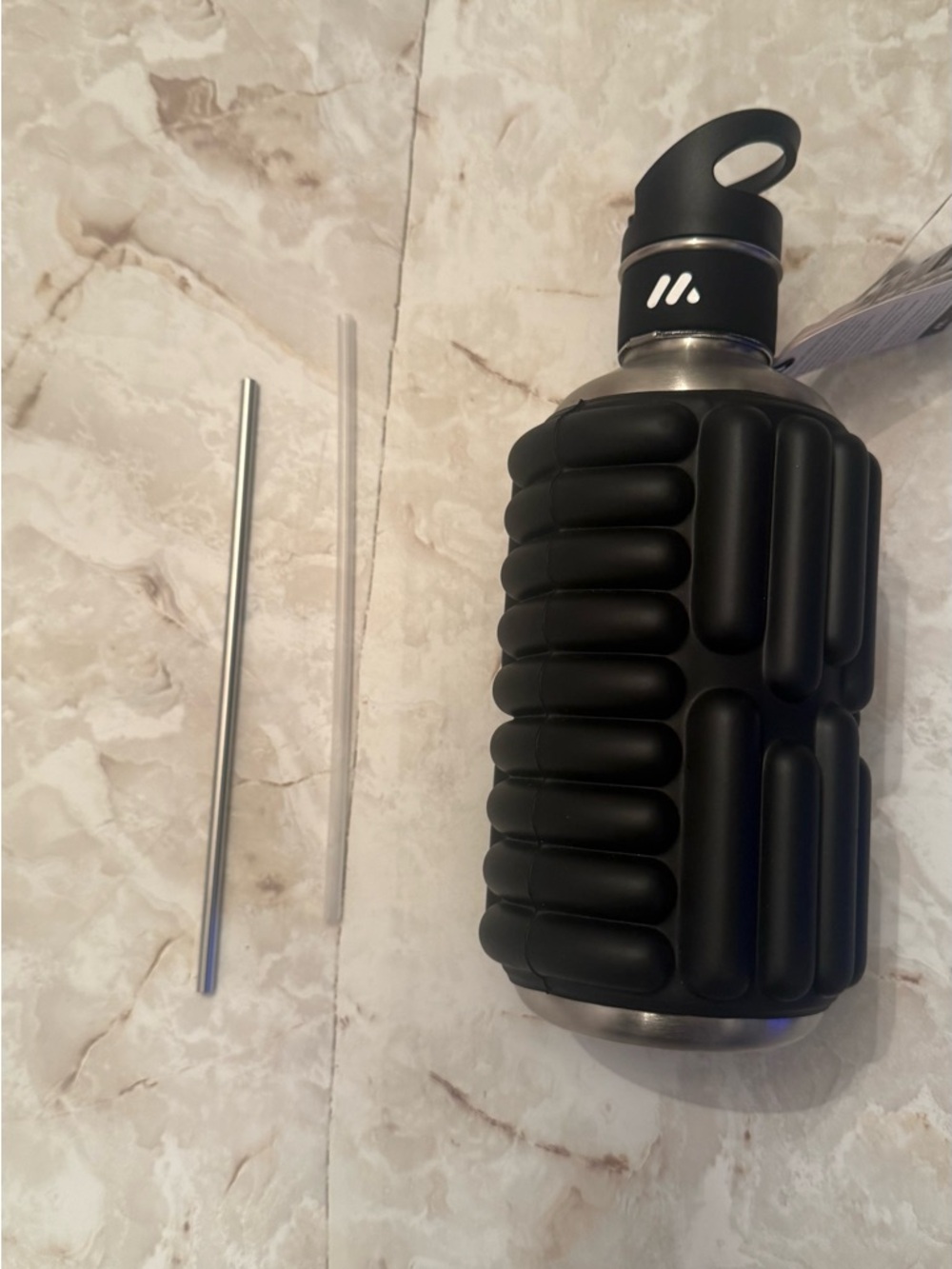 Black Textured Foam Roller Water Bottle with Straw
